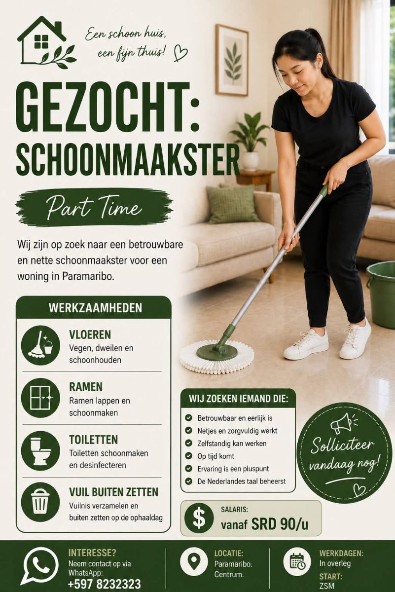 Parttime Schoonmaakster Gezocht