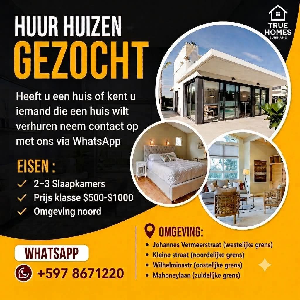 Gezocht | 2-3 Slaapkamerwoningen te Huur – Noord $500-$1000