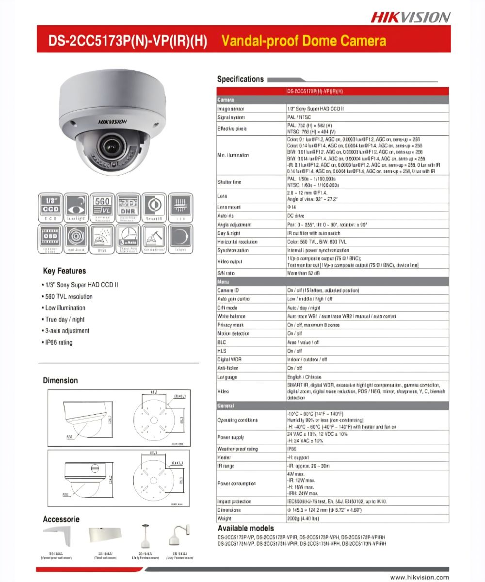 Hikvision Dome Camera's (DS-2CC5173) – 6 stuks - afbeelding 2